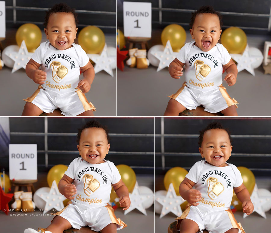Hiram baby photographer, boy smiling on stool in boxing ring milestone session