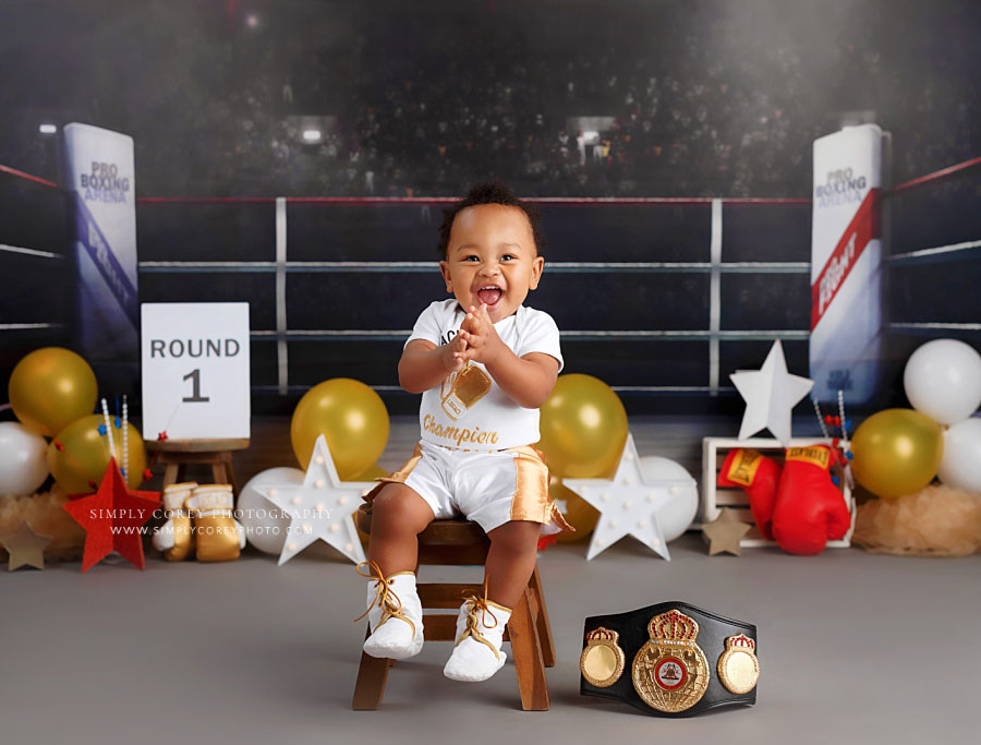 Mableton baby photographer, boxing studio milestone set in gold and white