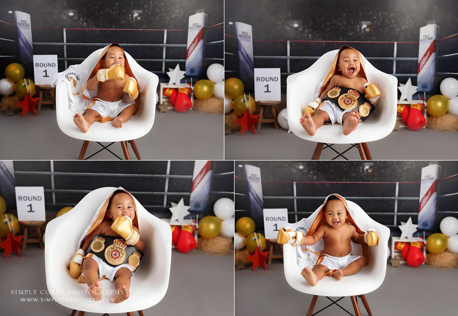 West GA baby photographer, boy in chair on boxing ring milestone set
