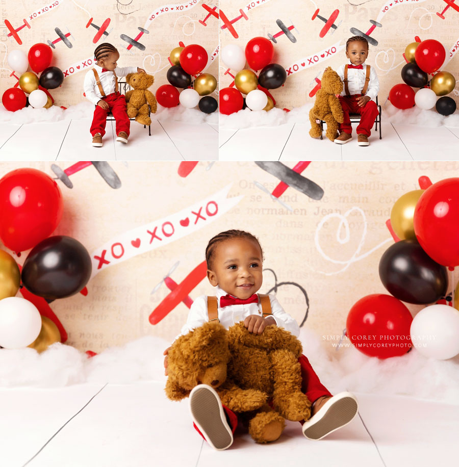 baby photographer near Dallas, GA; boy with teddy bear for valentine milestone session