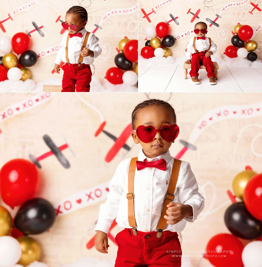 baby photographer near Villa Rica, boy with heart glasses for valentine milestone session