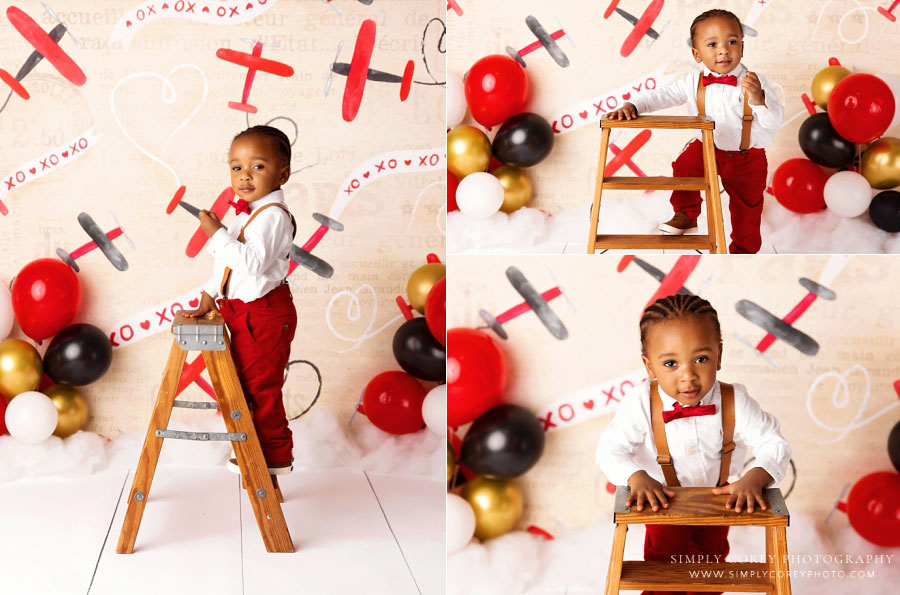 Douglasville baby photographer, toddler with ladder for valentine milestone session