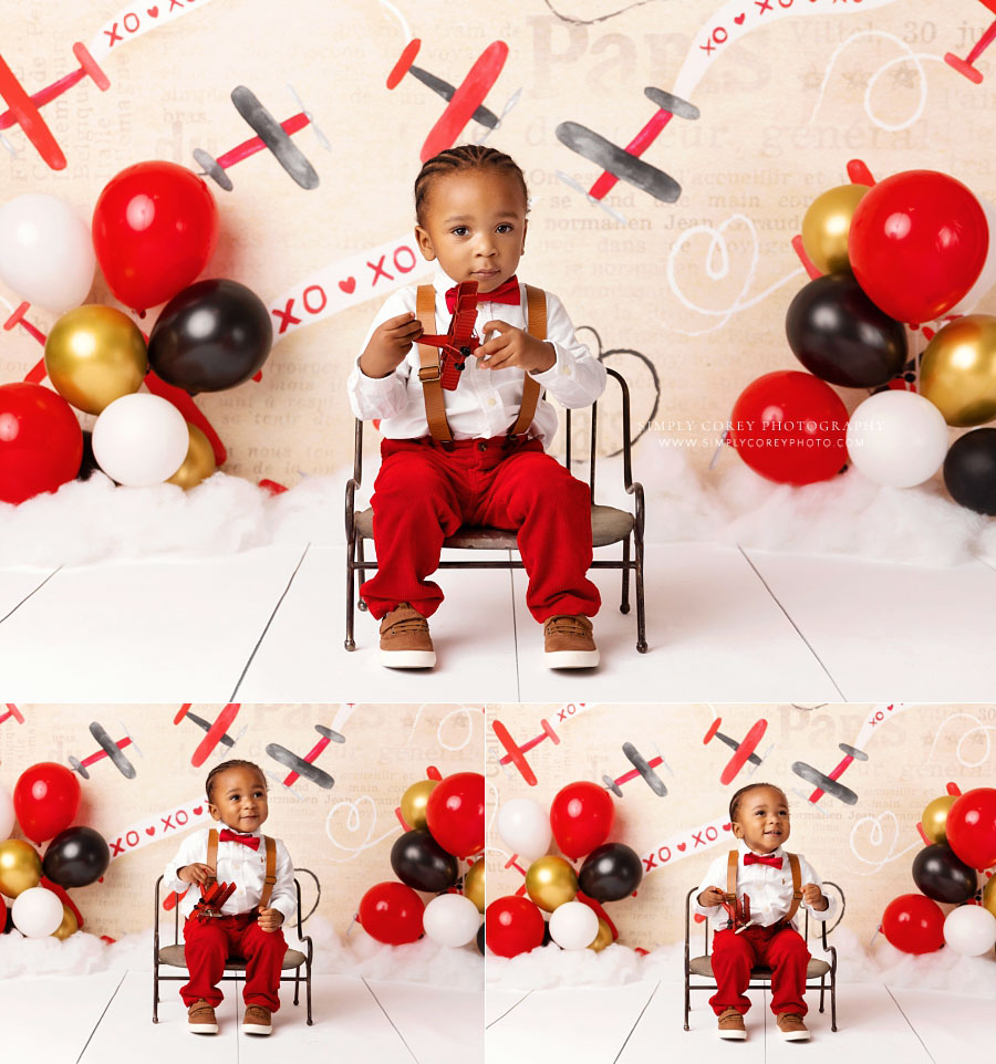 Mableton baby photographer, boy on bench for valentine milestone session