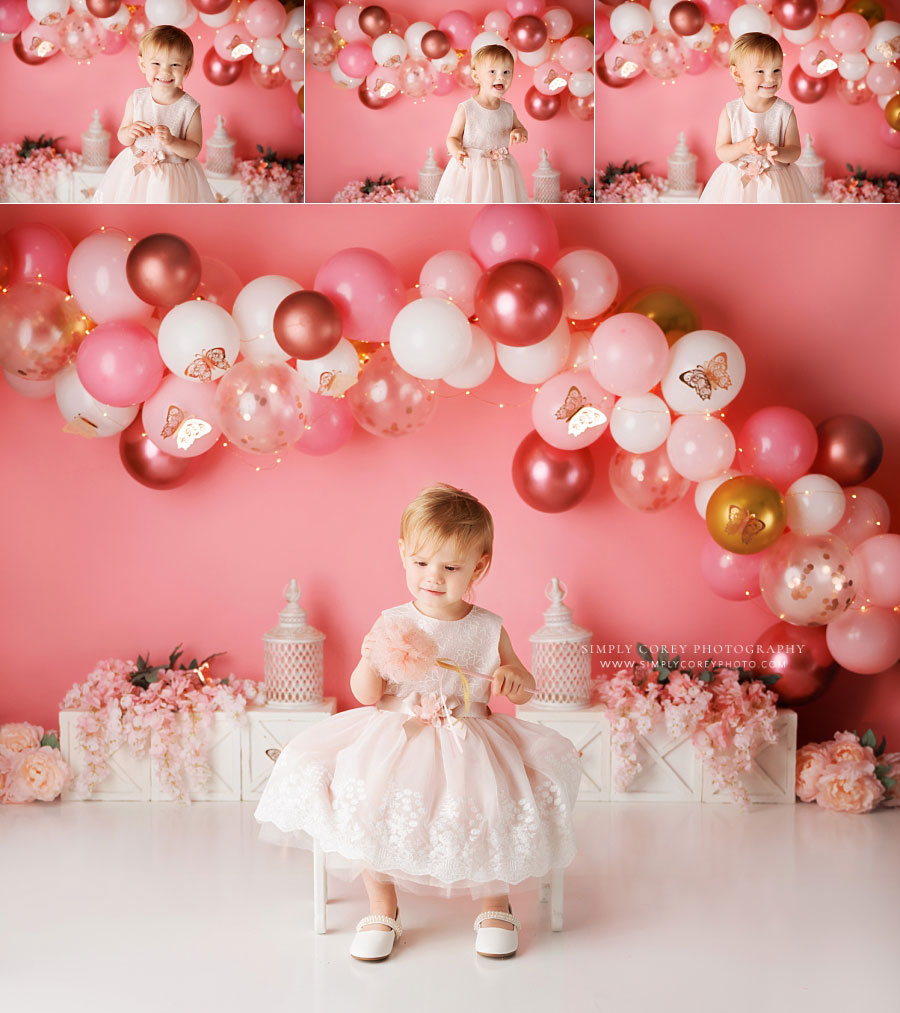 baby photographer near Bremen, pink butterfly set with balloon garland