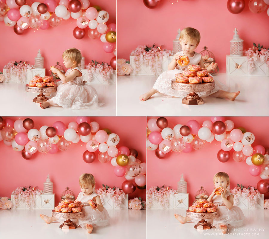 Mableton cake smash photographer, pink butterfly set with balloons and donuts