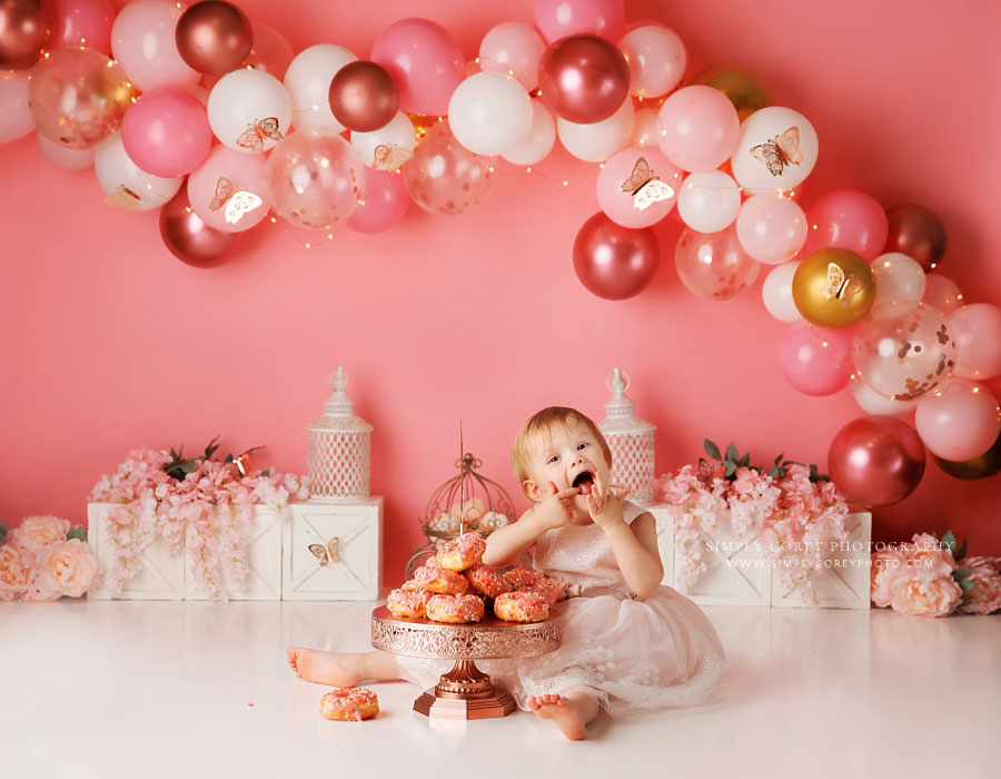 baby photographer near Atlanta, pink donut cake smash session in studio