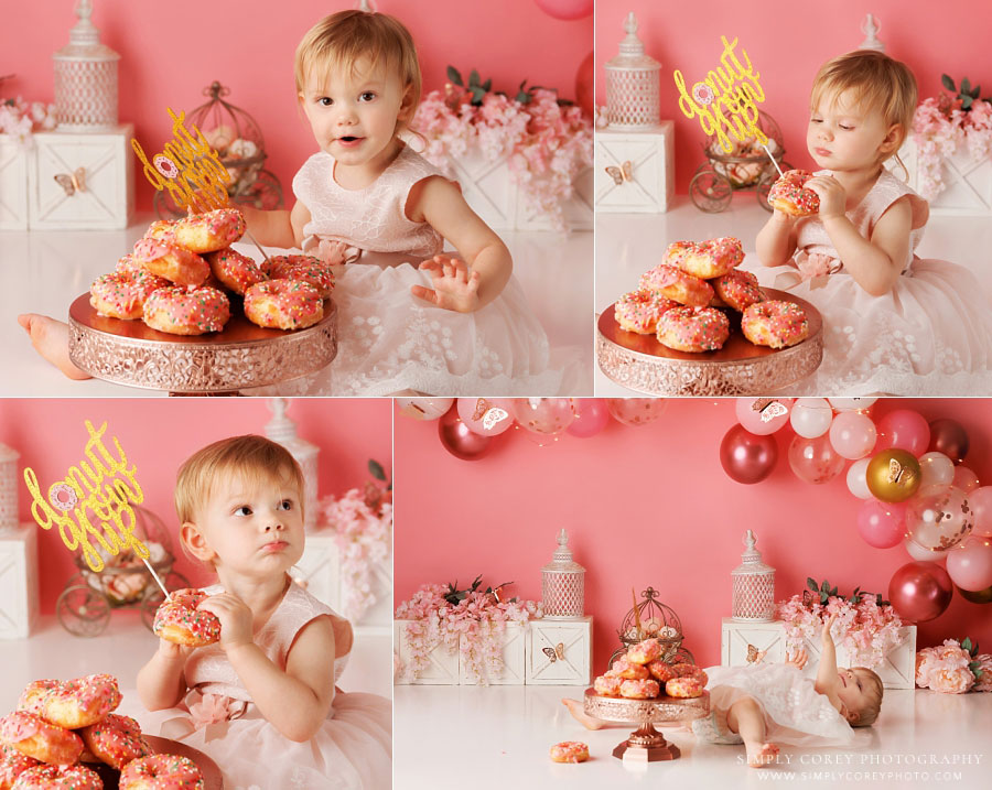baby photographer near Tallapoosa, pink donut cake smash session for two year milestone