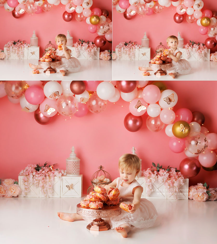 Powder Springs cake smash photographer, baby with pink rose gold balloons and donuts