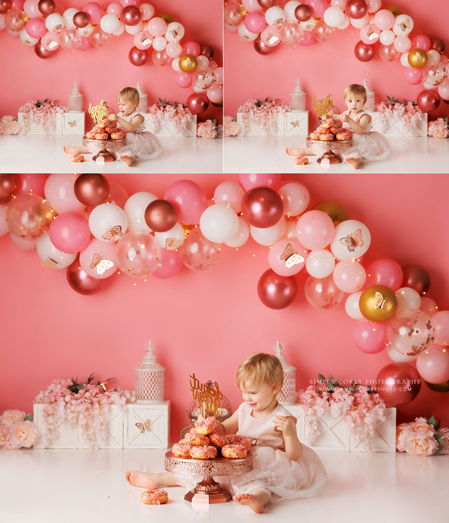 Tyrone cake smash photographer, baby with pink balloons and butterflies set and donuts