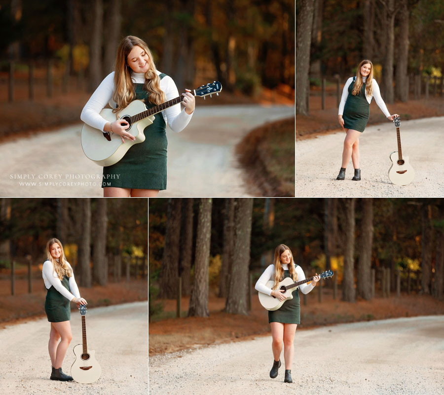 senior portraits near Douglasville, teen girl in green outside on road with guitar