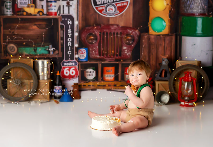 Atlanta cake smash photographer, baby boy with garage studio set