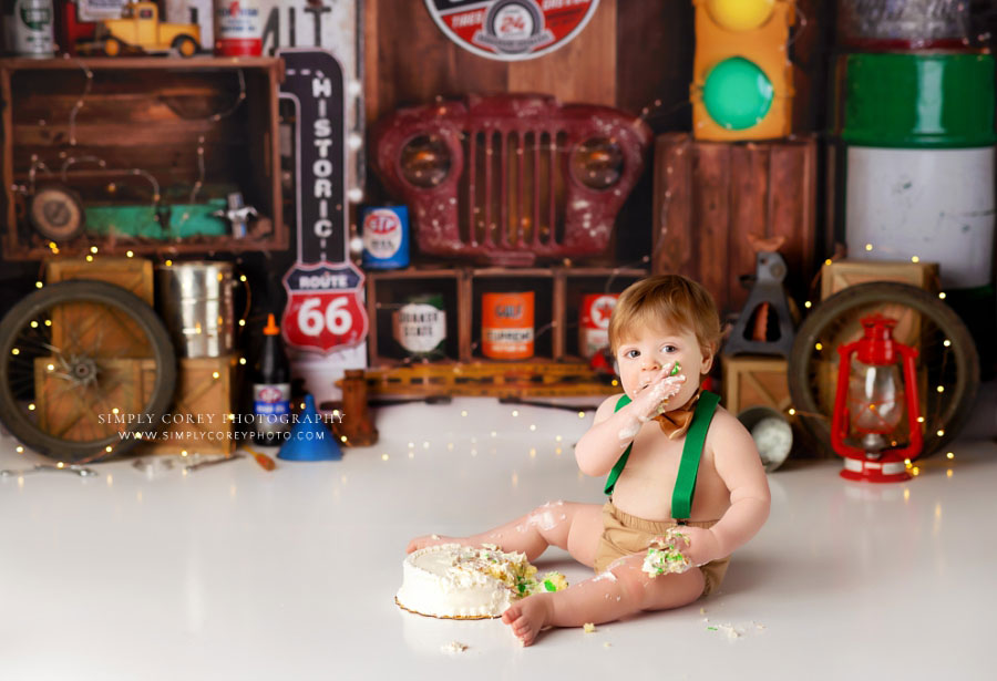 cake smash photographer near Peachtree City, baby boy on garage studio set