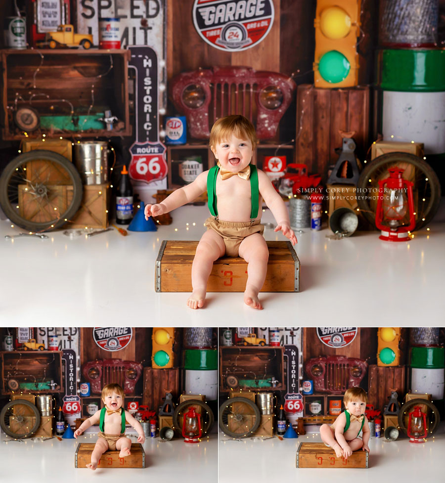 Carrollton baby photographer in Georgia, one year old boy on garage studio set