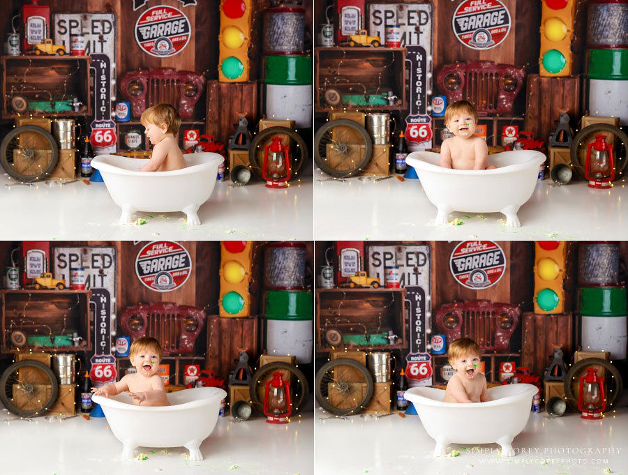 Douglasville cake smash photographer, baby in tub with garage set