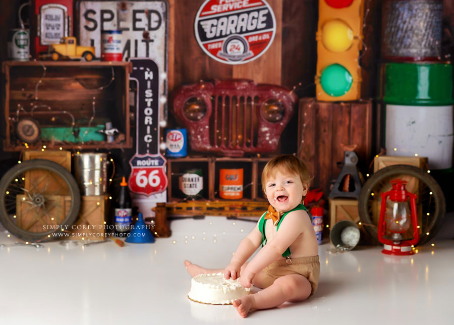Powder Springs cake smash photographer, boy with garage studio theme