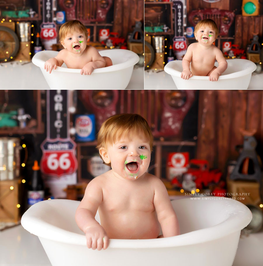 Tyrone baby photographer, boy in tub after garage cake smash