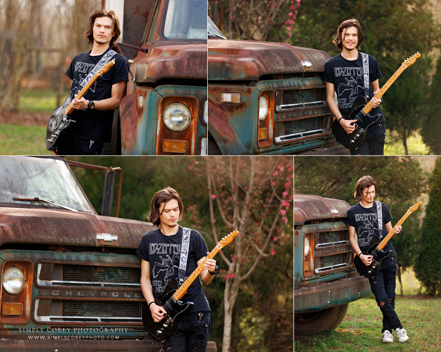 Carrollton senior portraits in Georgia, teen with guitar by vintage truck
