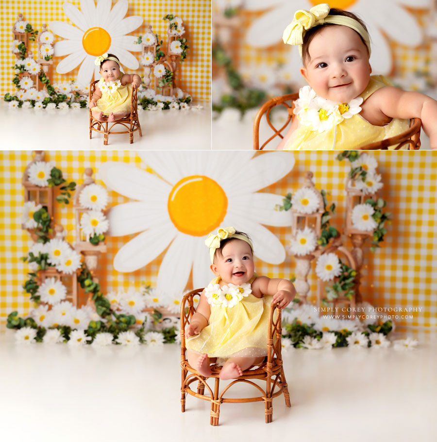 baby photographer near Peachtree City, yellow set with daisies for 6 month milestone