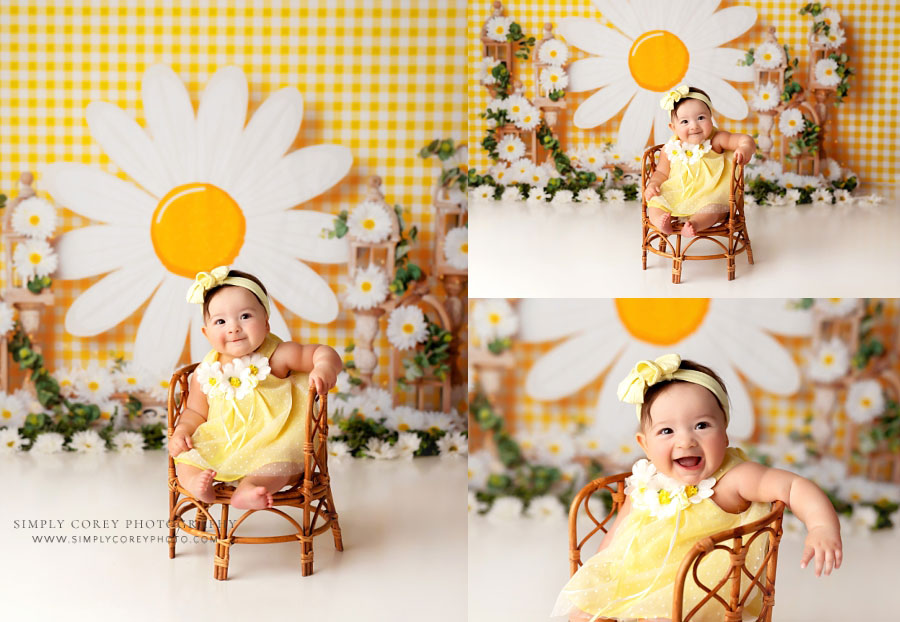 Carrollton baby photographer in Georgia, six month studio milestone session with daisies
