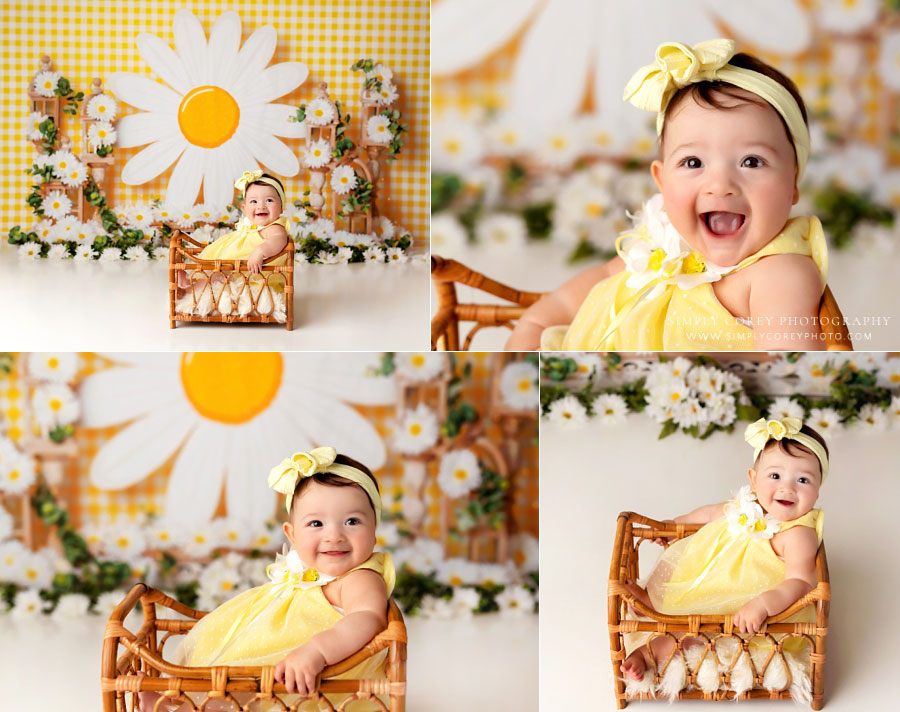 Villa Rica baby photographer, yellow and daisy set for milestone studio session