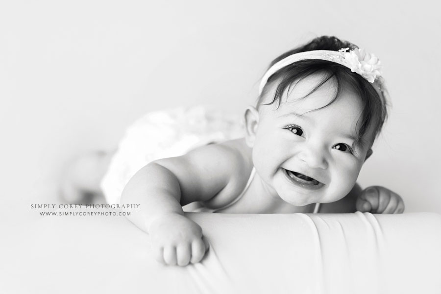 Mableton baby photographer, black and white photo of girl laughing during milestone session