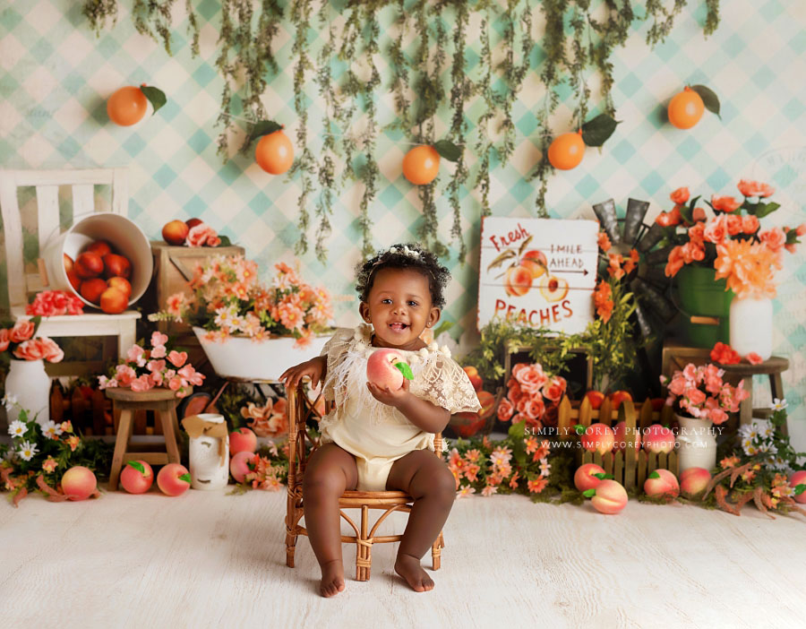 baby photographer near Atlanta, peach themed one year milestone session