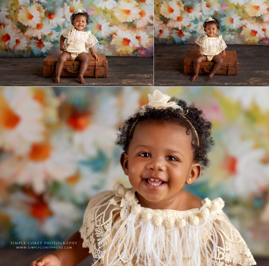 baby photographer near Carrollton Georgia, girl with daisy studio backdrop