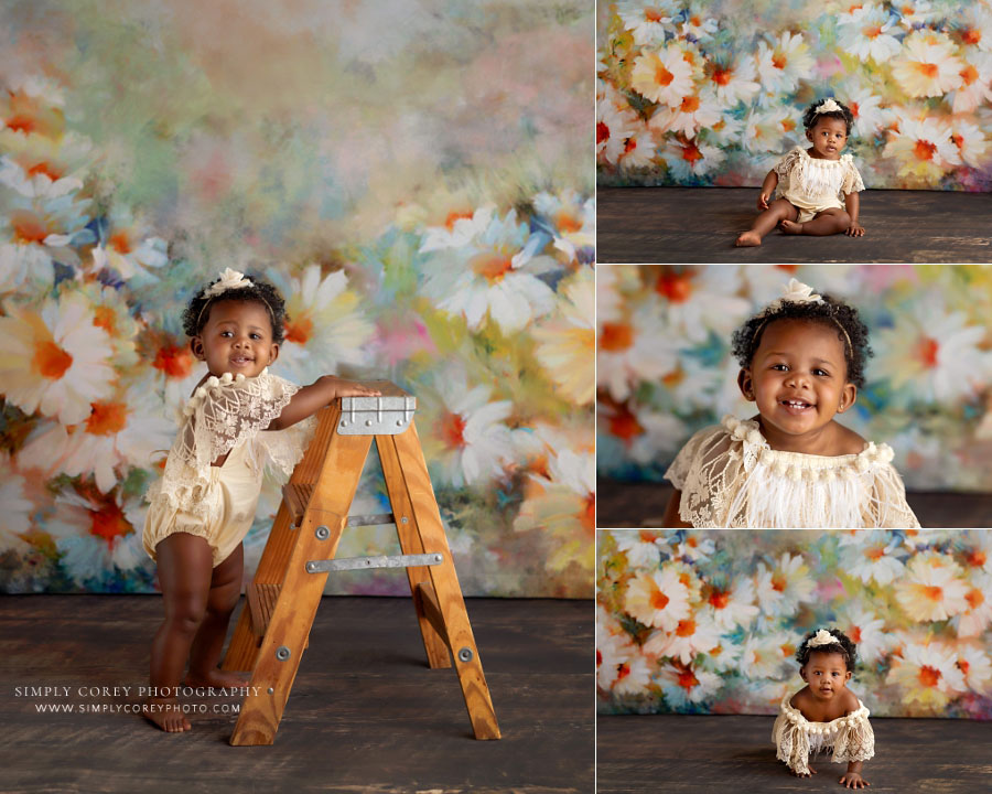 baby photographer near Dallas Georgia, one year milestone with ladder and daisy backdrop
