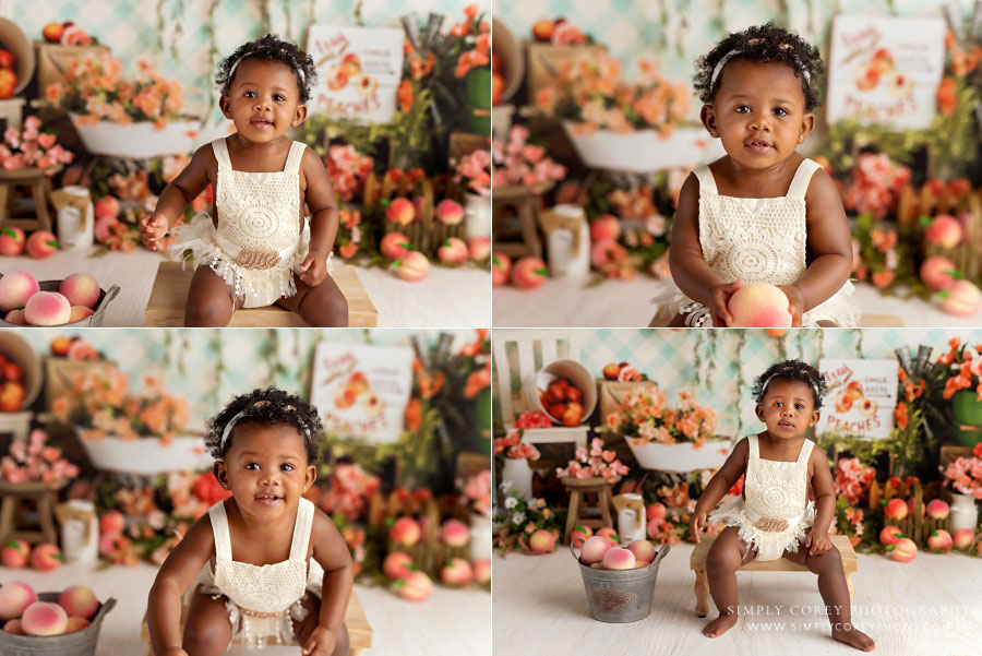 Villa Rica baby photographer, one year milestone with peach studio set