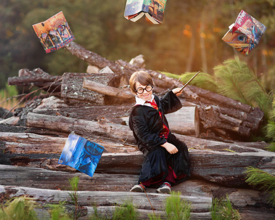 Atlanta kids' photographer, outdoor Harry Potter inspired portrait with books