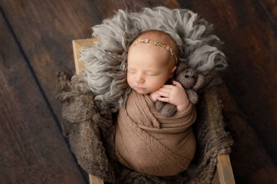Atlanta newborn photographer, baby girl in brown with bear