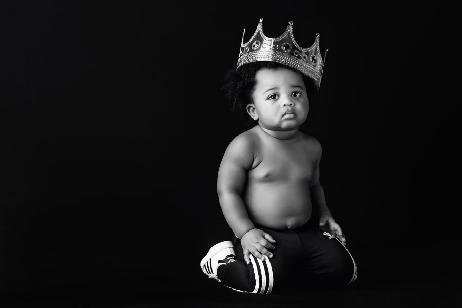 baby photographer near Atlanta, black and white Biggie Smalls inspired portrait during milestone session
