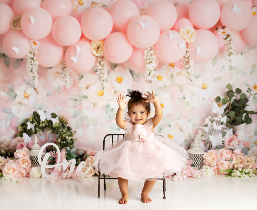baby photographer near Carrollton, GA; pink balloon garland with florals