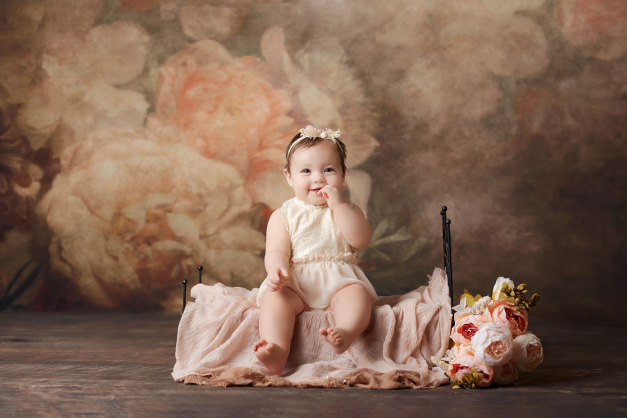 baby photographer near Newnan, simple sitter session with pink flowers
