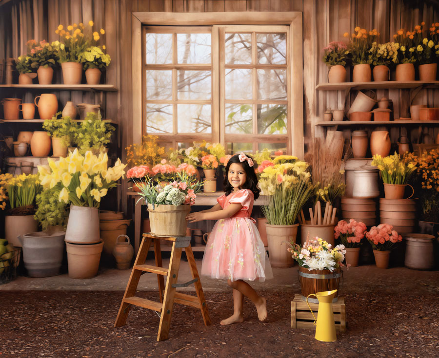 children's photographer near Carrollton, GA; spring greenhouse studio set