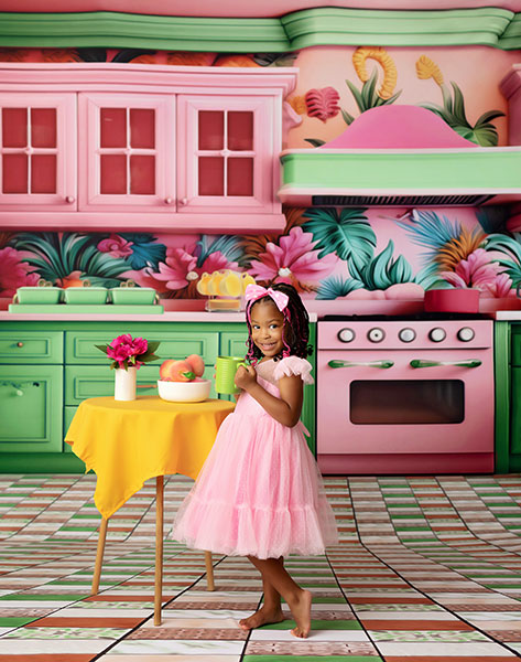 children's photographer near Newnan, girl with tropical kitchen studio backdrop