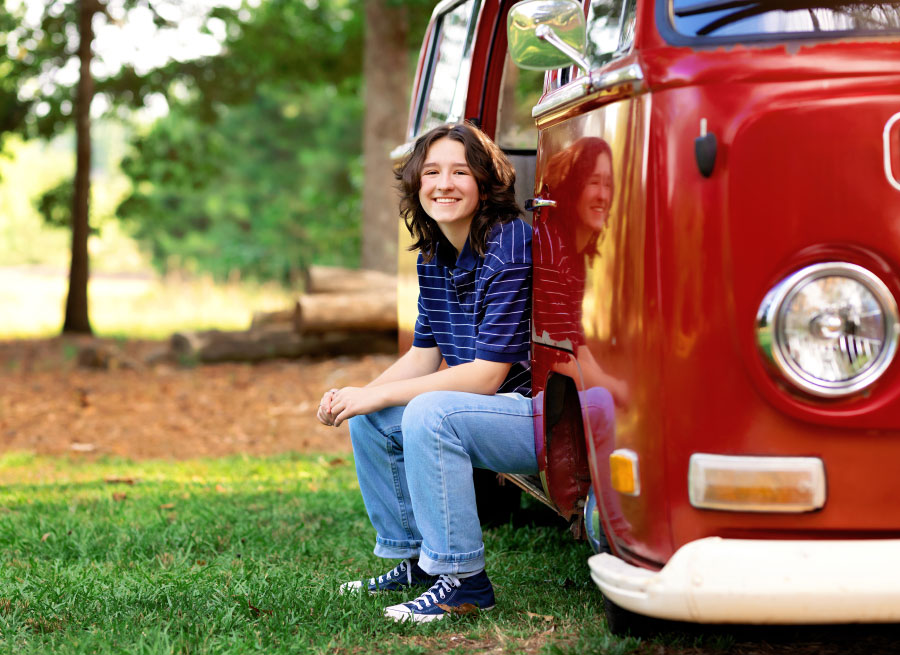 Douglasville senior portrait photographer, teen in red VW bus