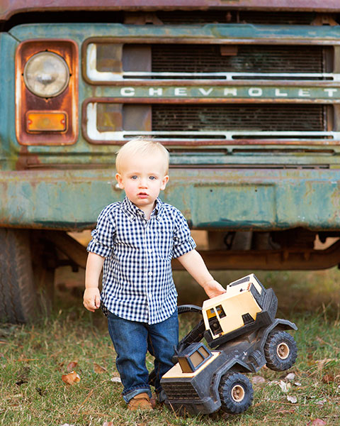 Mableton baby photographer, boy with vintage truck and Tonka toy