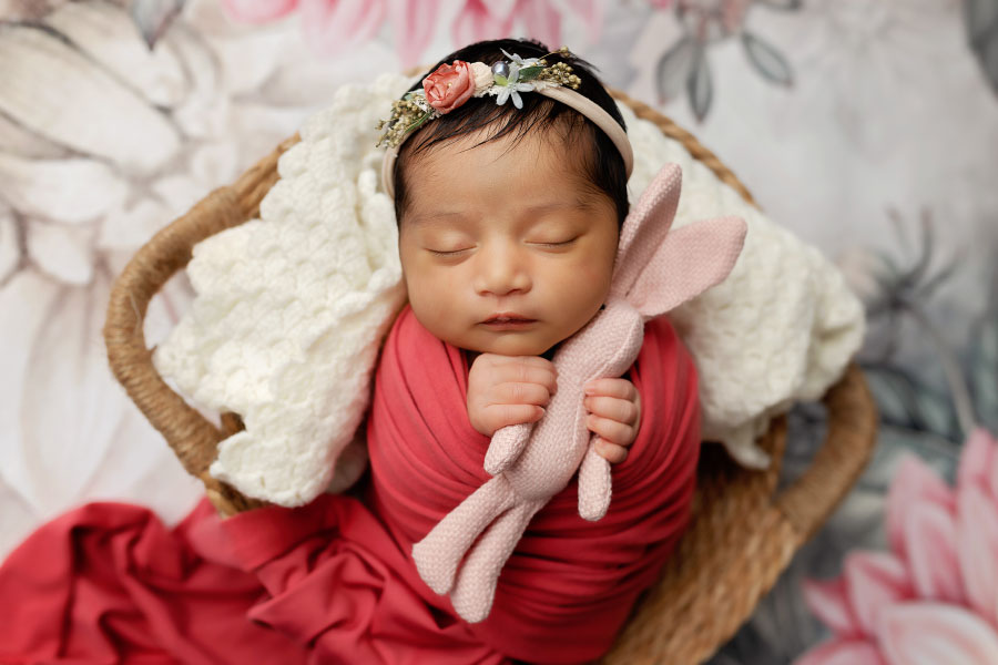 newborn photographer near Powder Springs, baby girl in pink with bunny