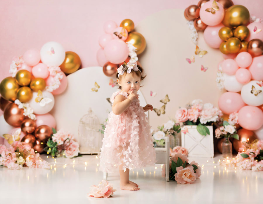 Newnan baby photographer, butterflies with gold and pink balloons