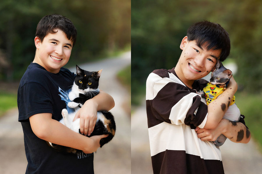 Newnan children's photographer, teen boys outside with pet cats