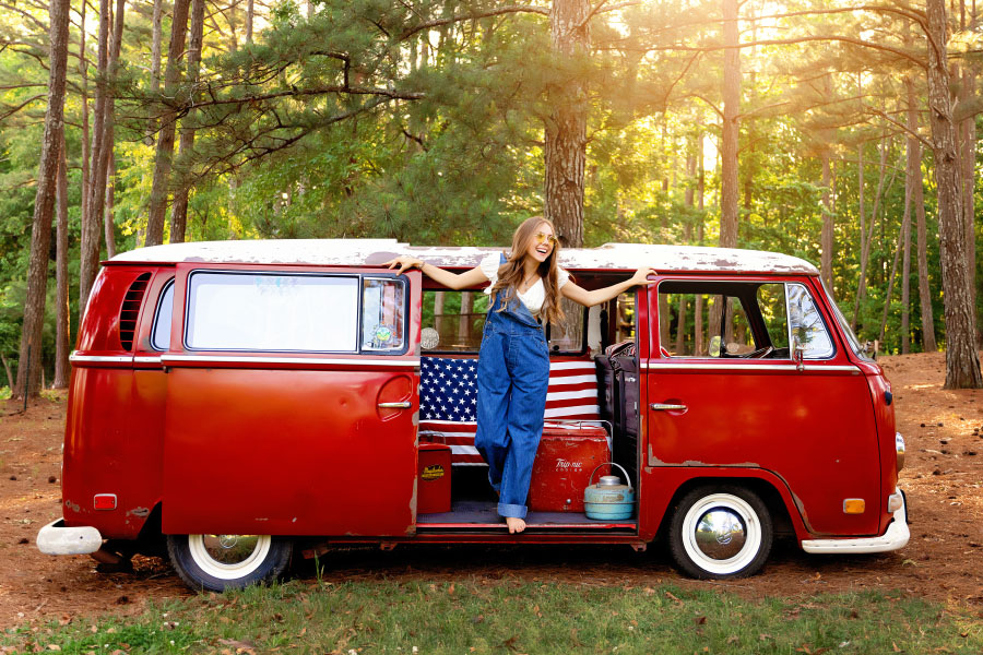 Newnan senior portrait photographer, teen in overalls in a vintage VW bus