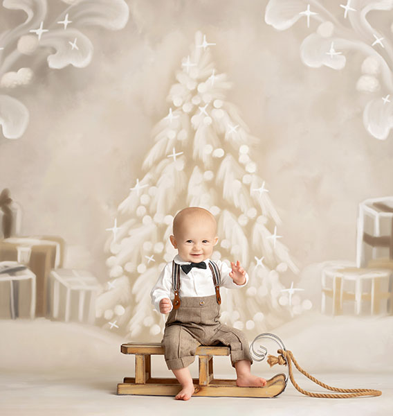 Villa Rica baby photographer; neutral Christmas tree studio backdrop