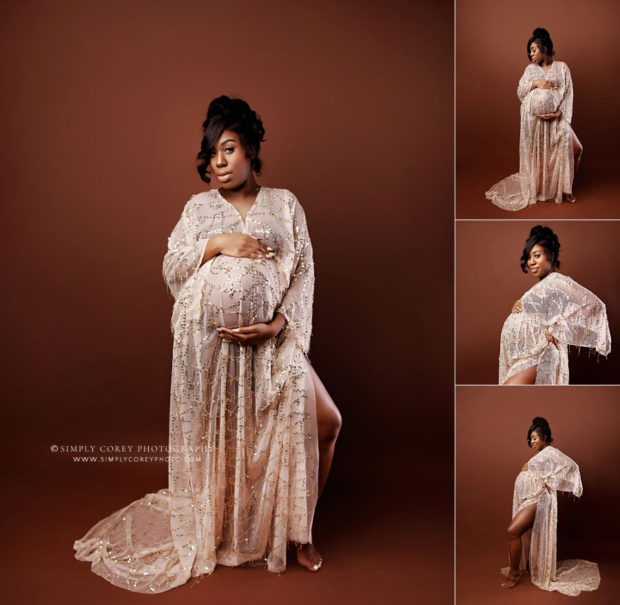 Atlanta maternity photographer, mom in boho dress on chestnut studio backdrop