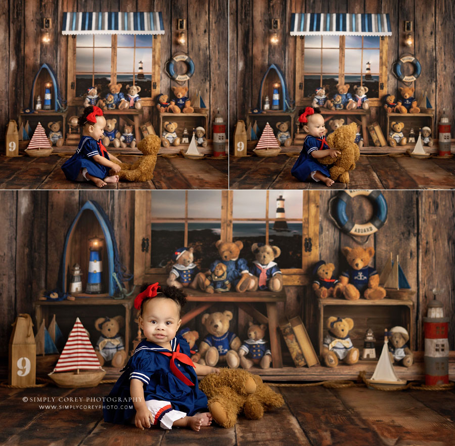 baby photographer near Tyrone, girl playing with teddy bear on studio set