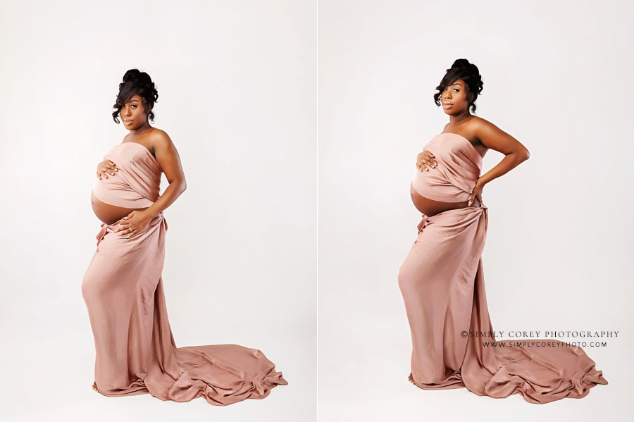 Douglasville maternity photographer, pink wrap dress on white  in studio