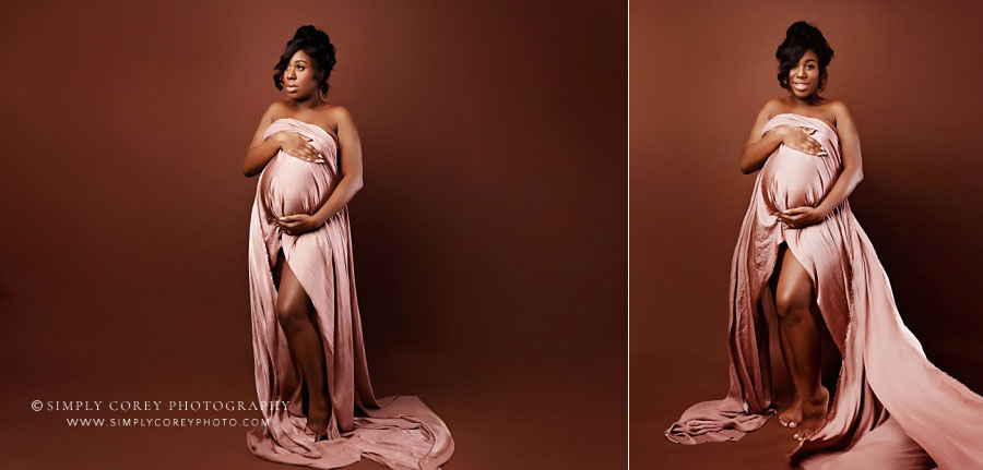 maternity photographer near Carrollton, GA; pink wrap dress on chestnut studio backdrop