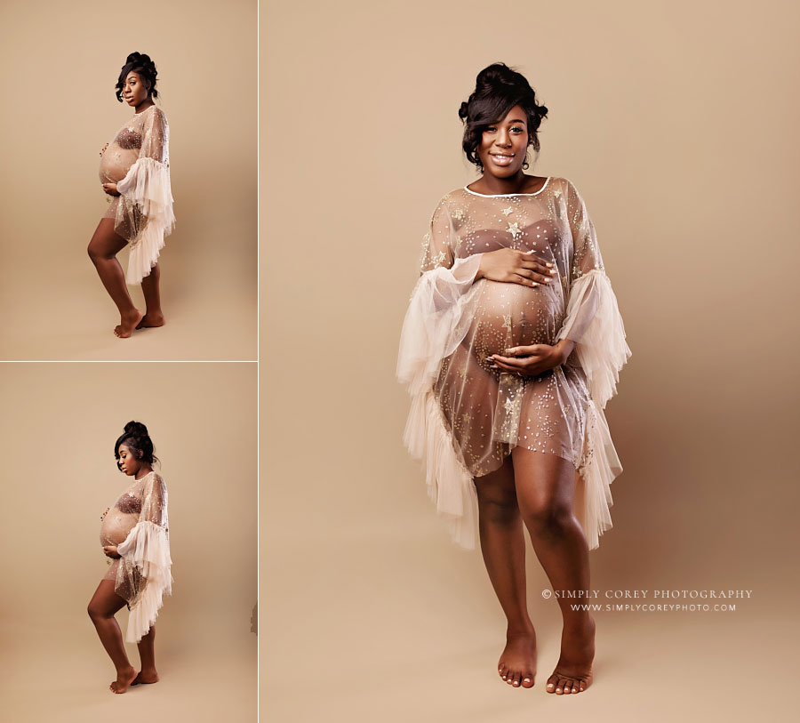 maternity photographer near Douglasville, short sheer dress on light studio backdrop