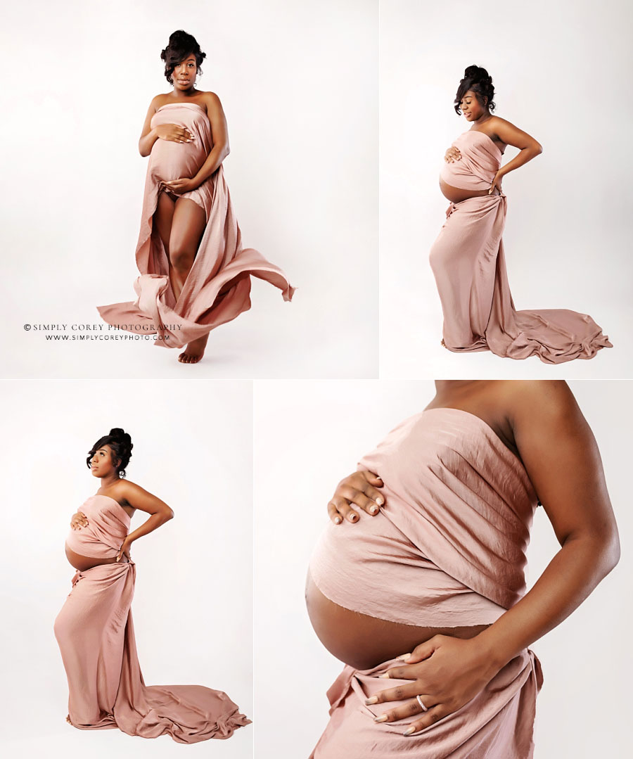 Newnan maternity photographer, mom in pink wrap dress in studio