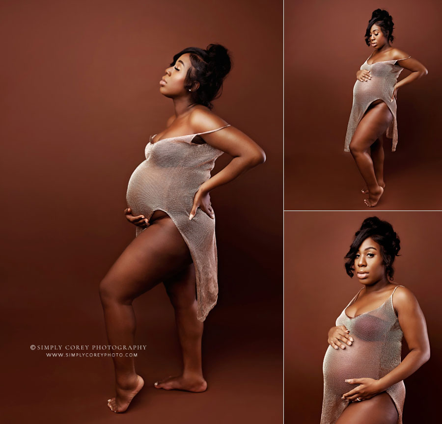 Tyrone maternity photographer, mom in mesh dress on brown studio backdrop